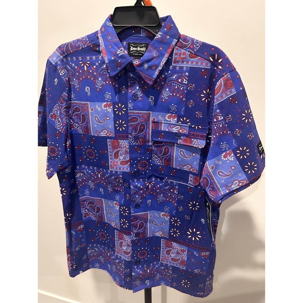 Dogg Supply Snoop Dogg Mens Blue Bandana Paisley‎ Patchwork Shirt DS25SW161W M
